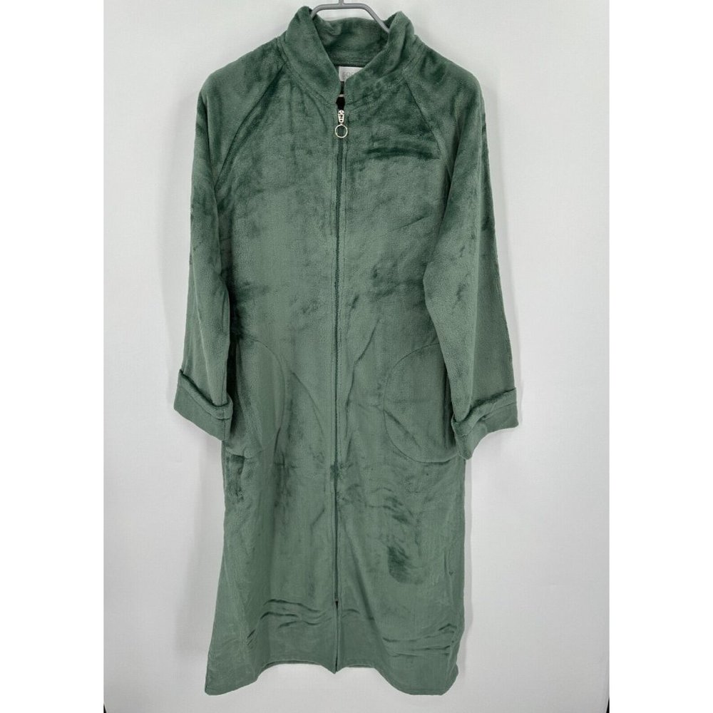 Softies 48" Plush Velour Mandarin Collar Zip-Up Robe sz S Women's Dusty Green